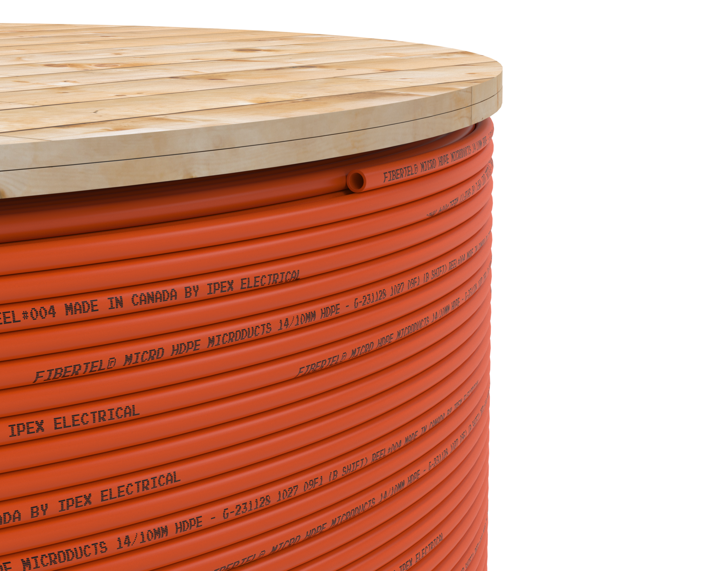 View of orange Fibertel HDPE pipe roll